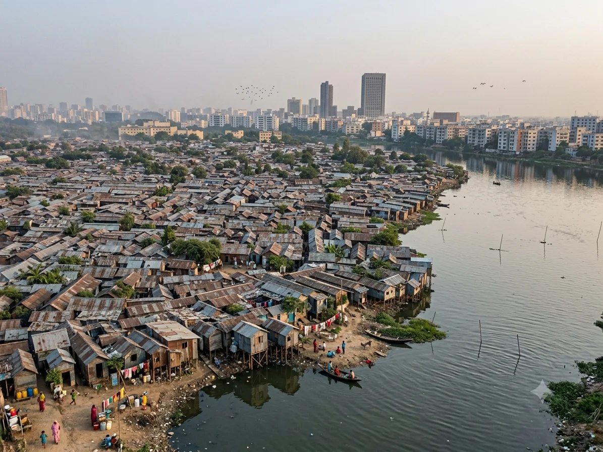 Aerial view of Korail, Dhaka's largest slum, on the edge of Banani Lake with the city's high-rises beyond.